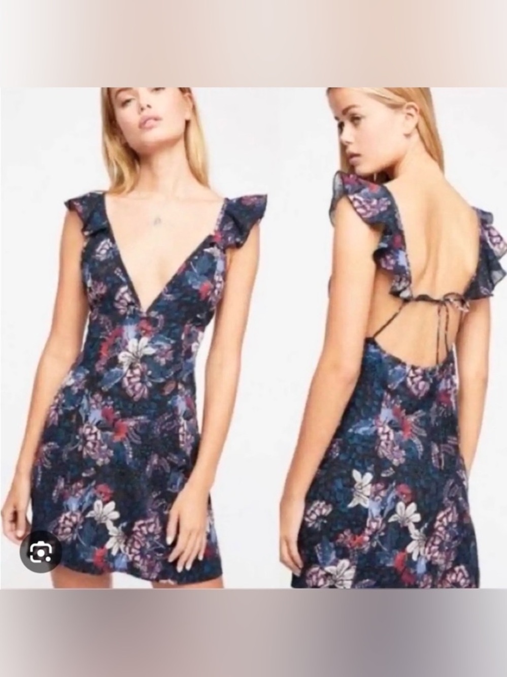Free People Josie Floral Deep V Neck Minidress Ruffle Sleeves Size S